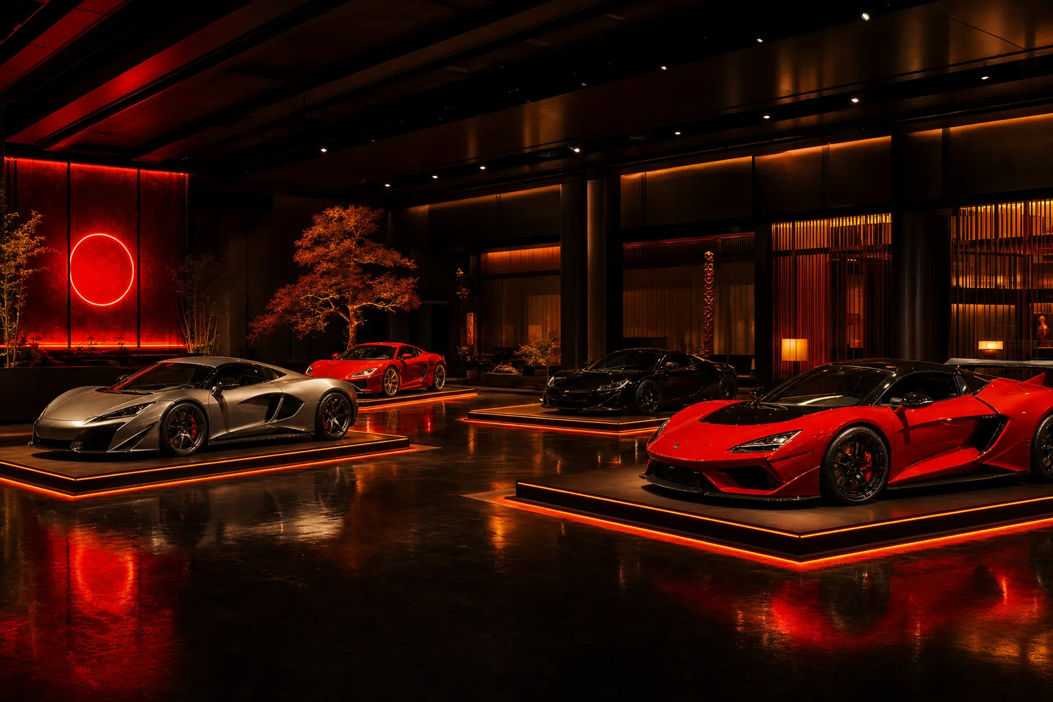 Illustrative neon-lit Japanese car showroom at night