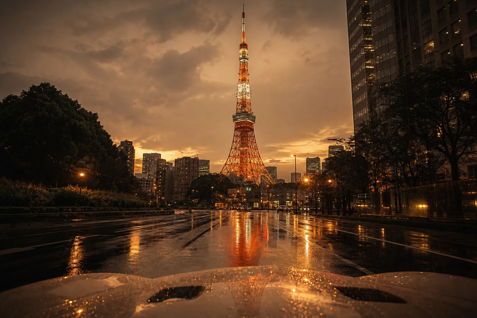 Illustrative red-and-white lattice tower on a Tokyo skyline at dusk