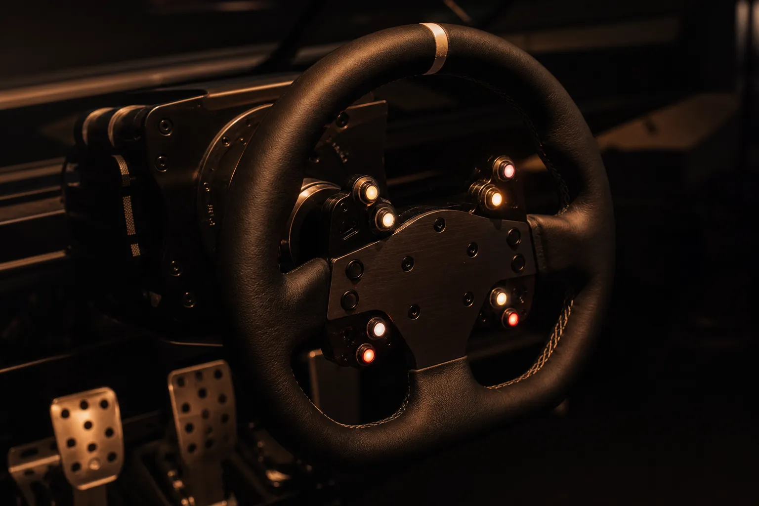 Leather-wrapped racing sim wheel with illuminated buttons under a warm spotlight at night